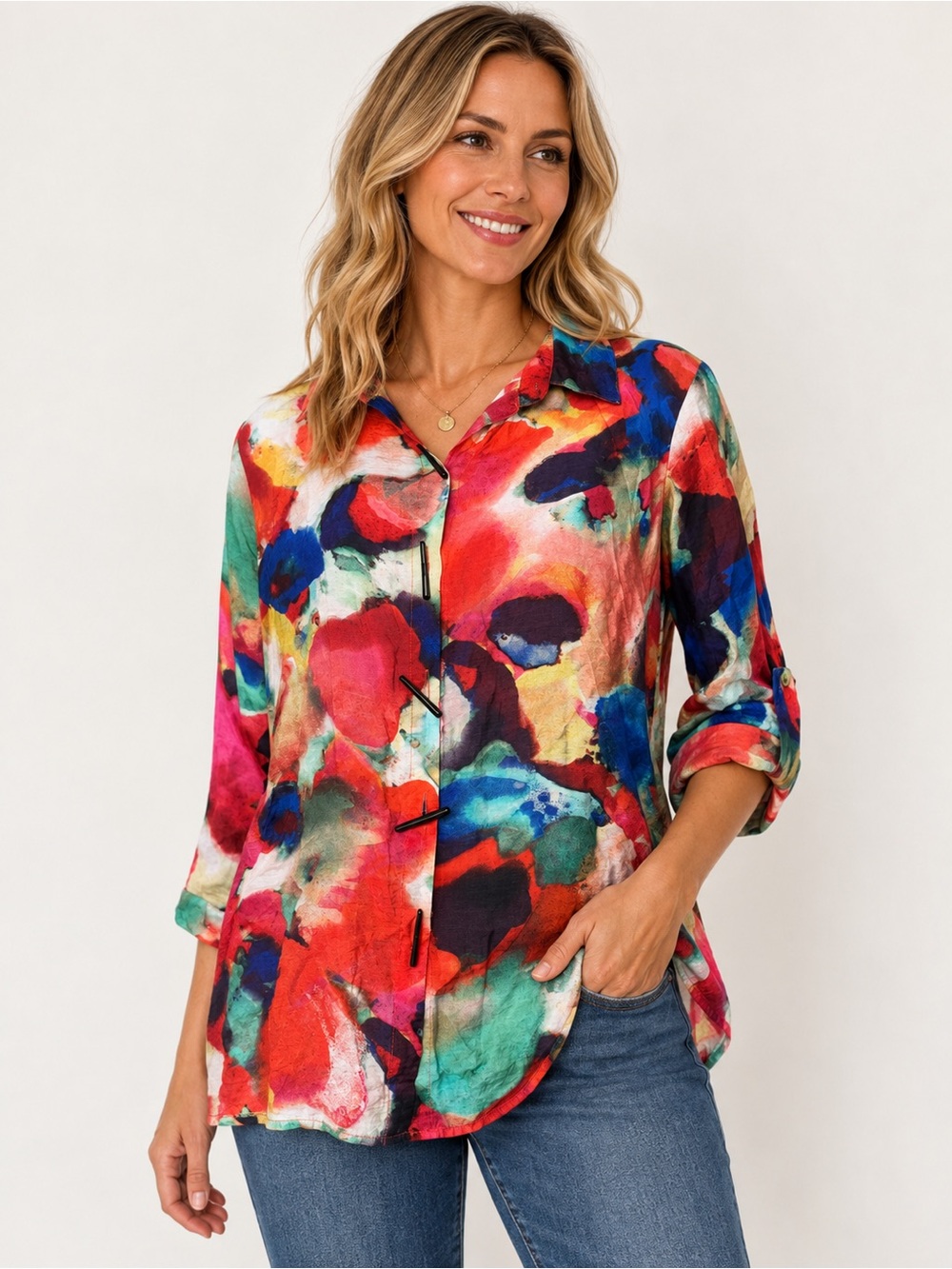 Ali Miles Woven Abstract-Print Blouse Women’s Size M Button Up Art to Wear